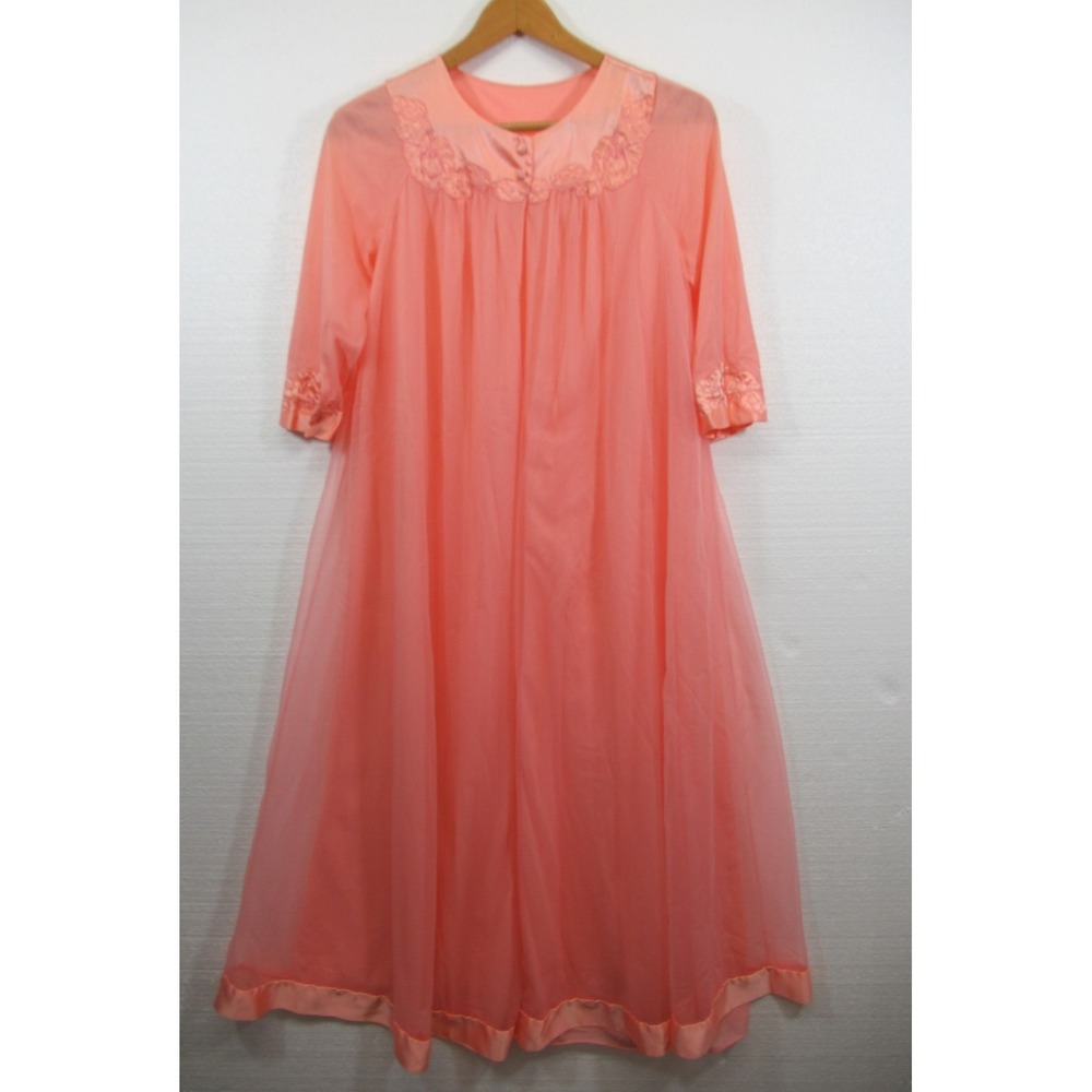 Vtg 60s Gossard Artemis Double Chiffon Robe Petite Coral Color Nylon Embroidered